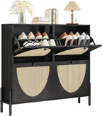 IRONCK Rattan Shoe Cabinet Storage with 4 Flip Drawers, Freestanding Shoe Storage Organizer Cabinet for Entryway, Narrow Shoe Rack Cabinet, Matte Black