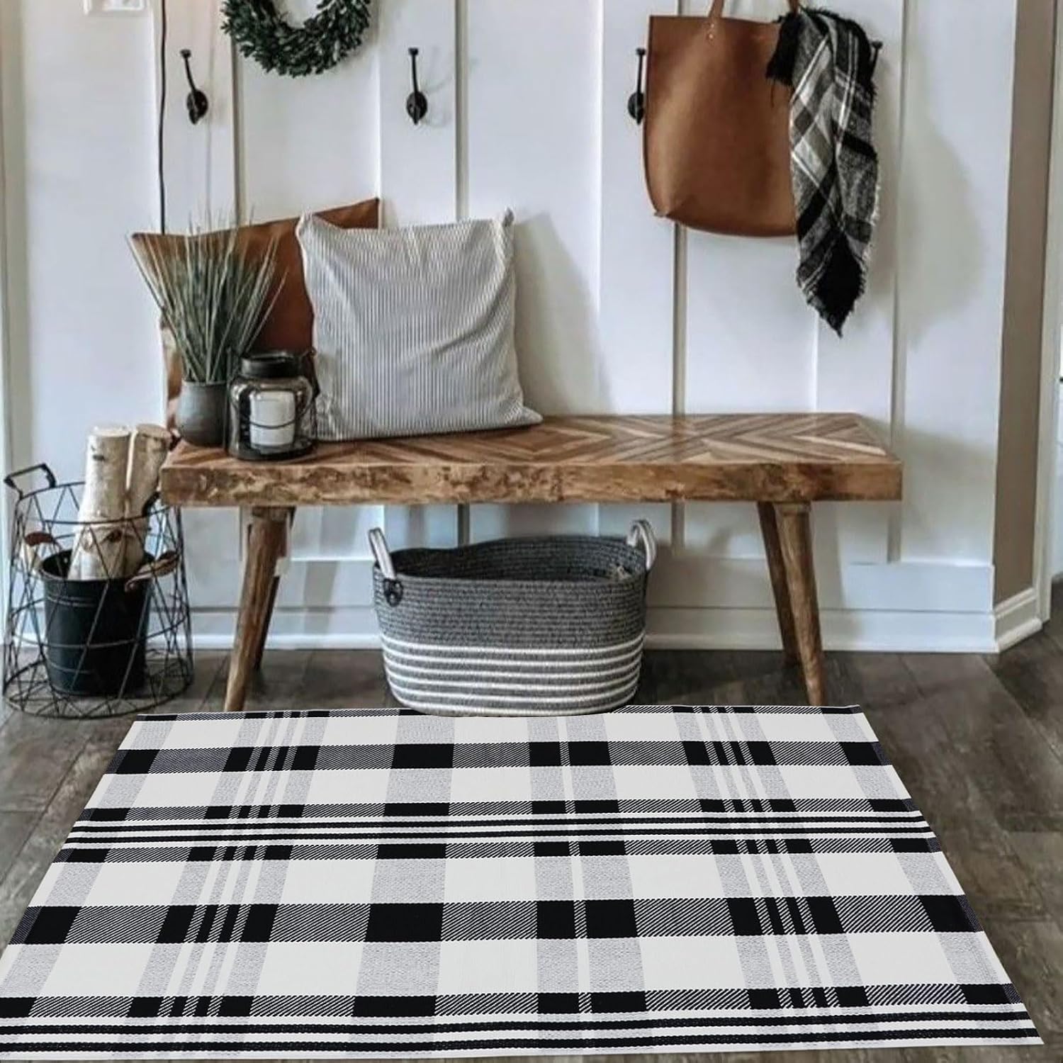 Fall Décor Plaid Rug, 2'4" x 3'7" Black&White Check Indoor/Outdoor Area Rug, Layering Rug for Hello/Welcome Doormat, Machine Washable Cotton Woven Rugs for Farmhouse Front Porch,Entryway