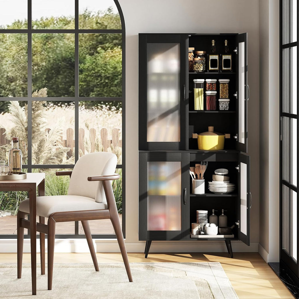 70.5”H Pantry Cabinet, 5-Tier Food Pantry with 4 Transparent Doors & Adjustable Shelves & Metal Legs, Tall Storage Cabinet for Kitchen, Living Room, Dining Room, Home Office, Bathroom (Black)