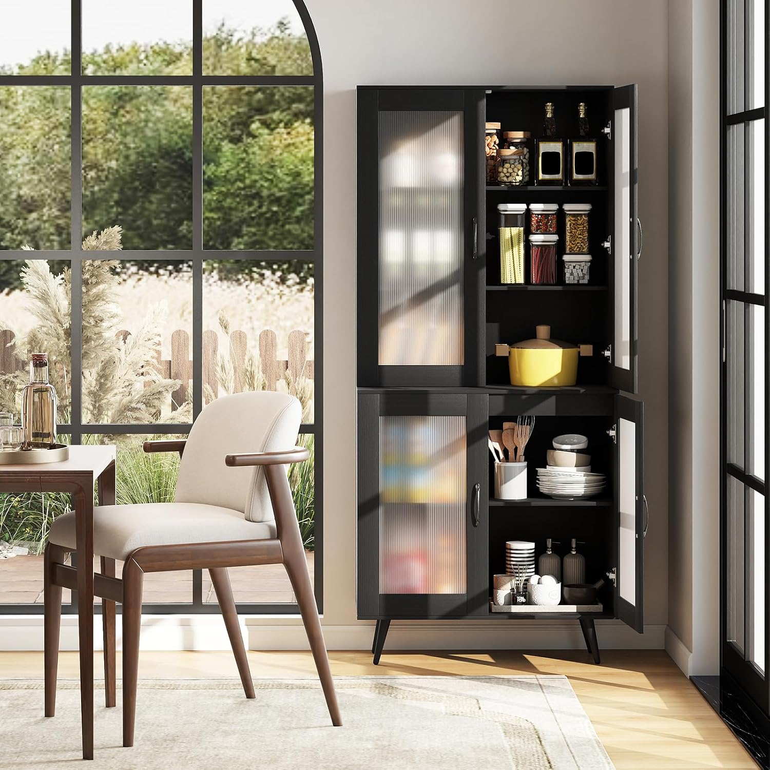 70.5”H Pantry Cabinet, 5-Tier Food Pantry with 4 Transparent Doors & Adjustable Shelves & Metal Legs, Tall Storage Cabinet for Kitchen, Living Room, Dining Room, Home Office, Bathroom (Black)