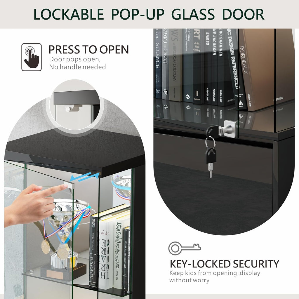 Lvifur Lockable Curio Display Cabinet with Glass Door,65" Lighted Curio Cabinet with 3 Color Lights for Collectibles,3-Tier Glass Display Case with Human Body Sensor for Living Room,Black