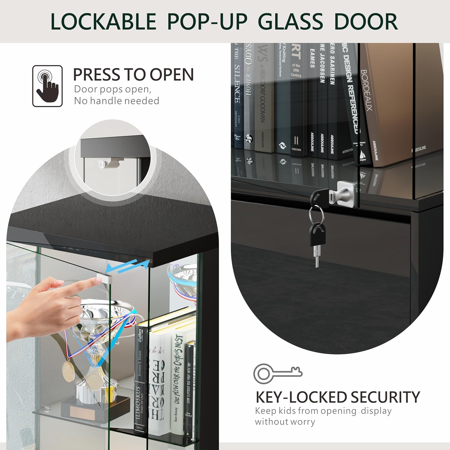 Lvifur Lockable Curio Display Cabinet with Glass Door,65" Lighted Curio Cabinet with 3 Color Lights for Collectibles,3-Tier Glass Display Case with Human Body Sensor for Living Room,Black