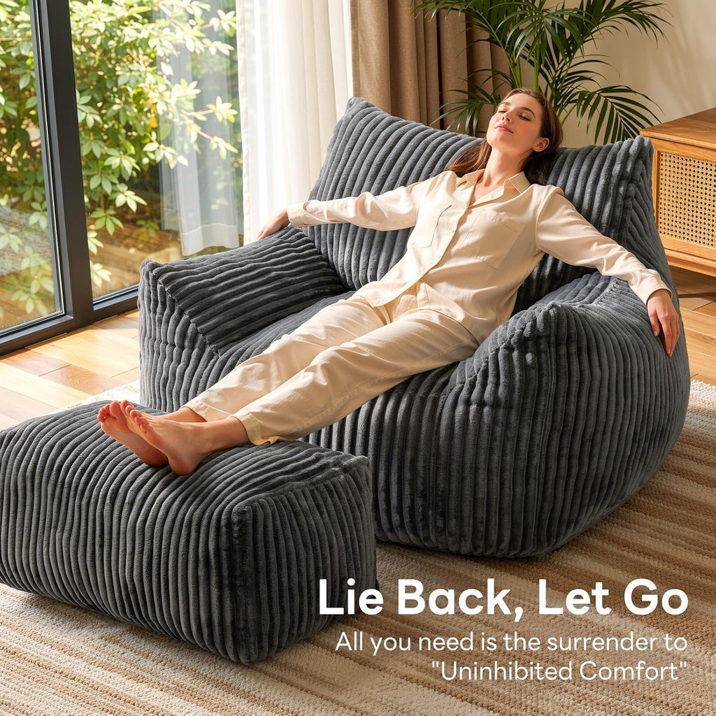 Giant Bean Bag Chair, Oversized Bean Bag Couch for Adults, Fluffy Corduroy BeanBag with Armrests & Ottoman for Living Room, Bedroom, Vacuum-Compressed for Gifting, 48h to Expand Dark Gray