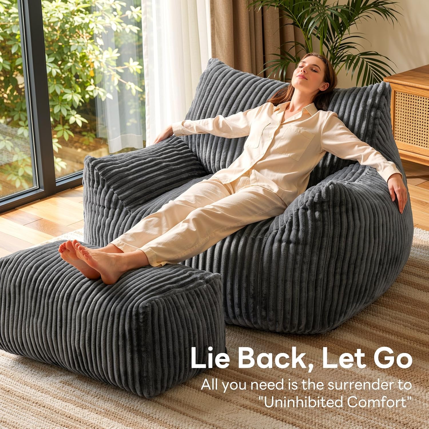 Giant Bean Bag Chair, Oversized Bean Bag Couch for Adults, Fluffy Corduroy BeanBag with Armrests & Ottoman for Living Room, Bedroom, Vacuum-Compressed for Gifting, 48h to Expand Dark Gray