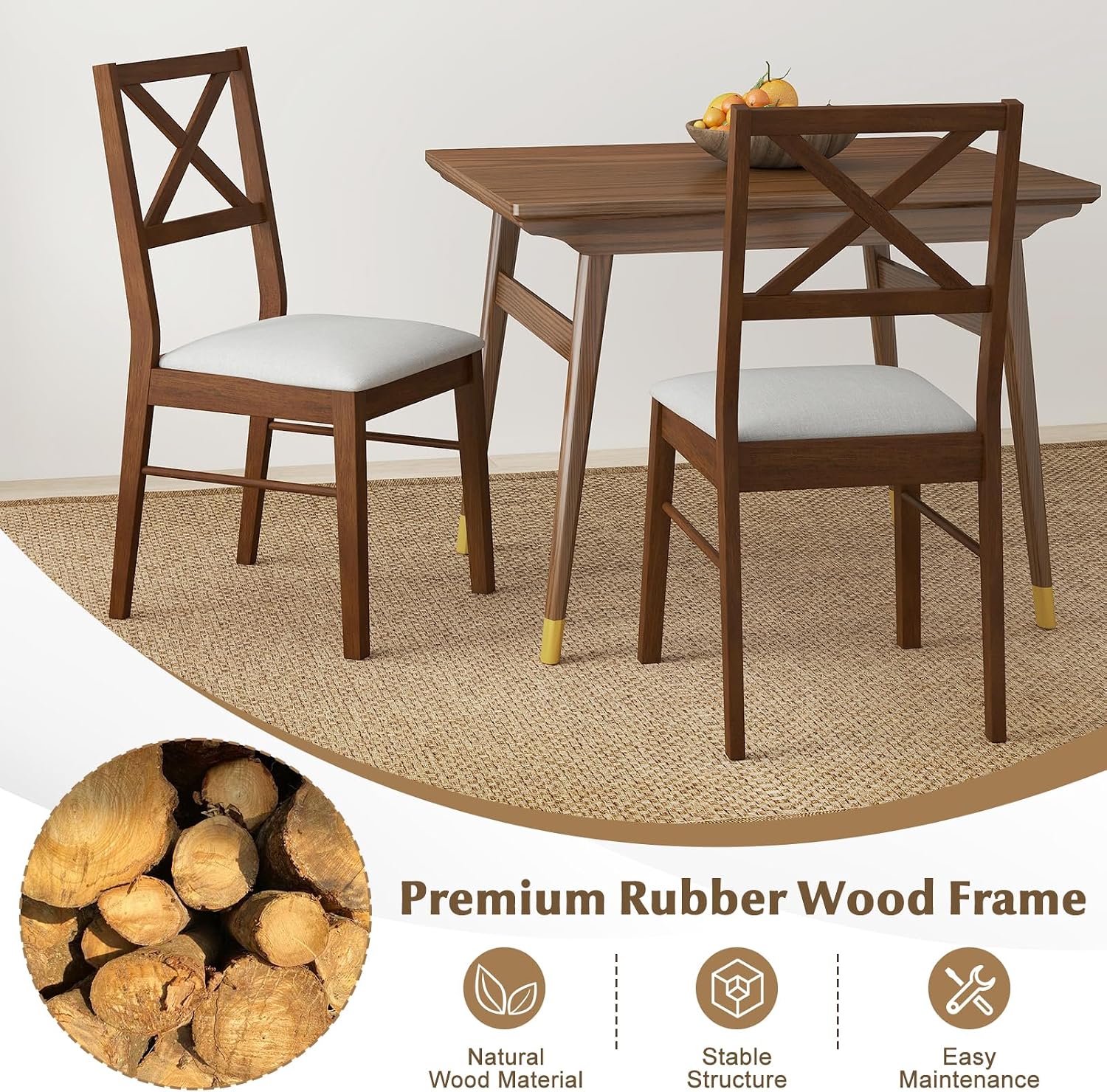 POWERSTONE Dining Chairs Set of 2, Wooden Kitchen Chairs with Soft Fabric Seat for Dining, Living Room, Restaurant - Mid Century Farmhouse Dining Chairs(Brown & White)