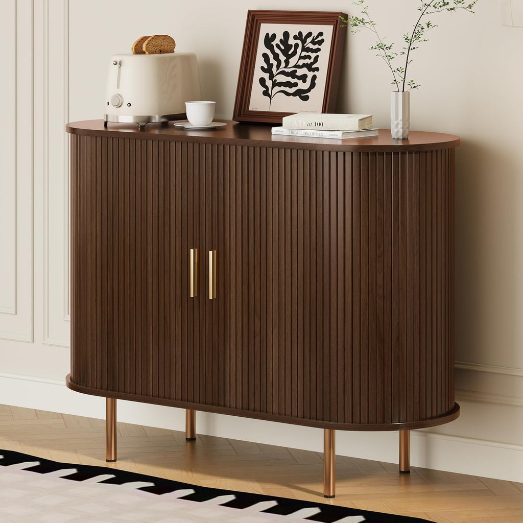 DHH Sideboard Buffet Cabinet with Storage,Mid Century Modern Fluted Accent Coffee Bar Console Table,Tambour Sliding Doors& Adjustable Shelf for Kitchen, Living Room, Entryway(Walnut, 40Inch)