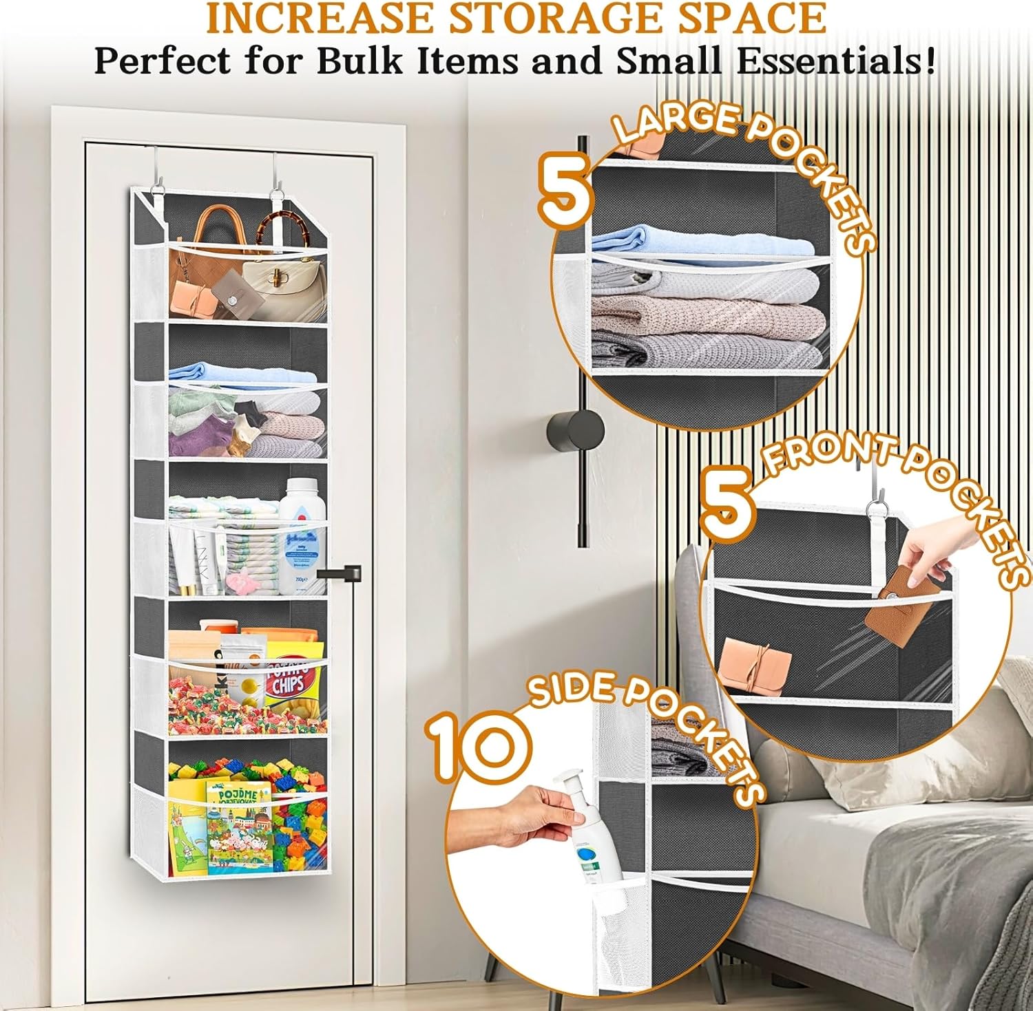 Ofiray-home 2 Pack Over Door Organizer with 5 Large Pockets, 5 Transparent Front Pockets & 10 Mesh Side, 50 lbs Weight Capacity Hanging Storage for Toys, Shoes, Diapers, Pantry