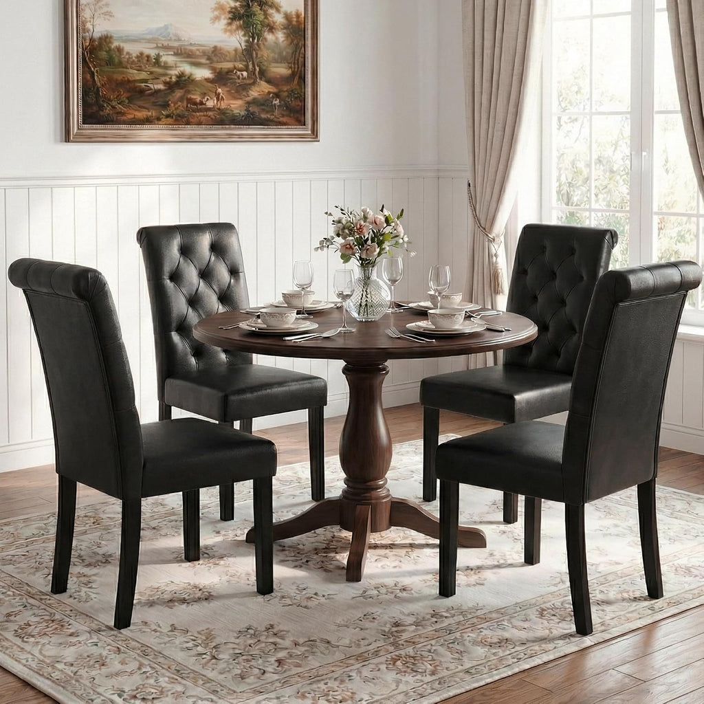 LSSBOUGHT Upholstered Dining Chairs Set of 4,Tufted Parsons Kitchen Chair with Solid Wood Legs, Modern PU Leather Side Chair for Dining Room/Restaurant(4pcs,Black)