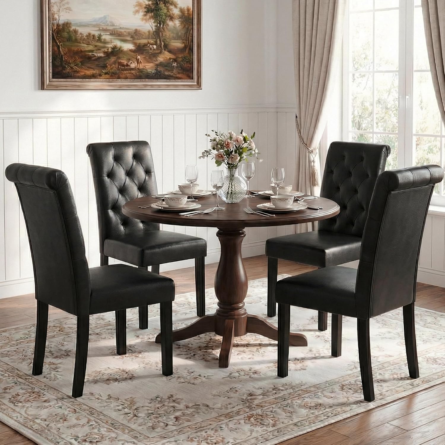 LSSBOUGHT Upholstered Dining Chairs Set of 4,Tufted Parsons Kitchen Chair with Solid Wood Legs, Modern PU Leather Side Chair for Dining Room/Restaurant(4pcs,Black)