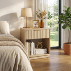 holzart Set of 2 Fluted Wood Nightstands with Hidden Compartment, Modern Oak End Tables with Wavy Drawer and Open Shelf, Boho Bedside Tables for Bedroom, Light Wood