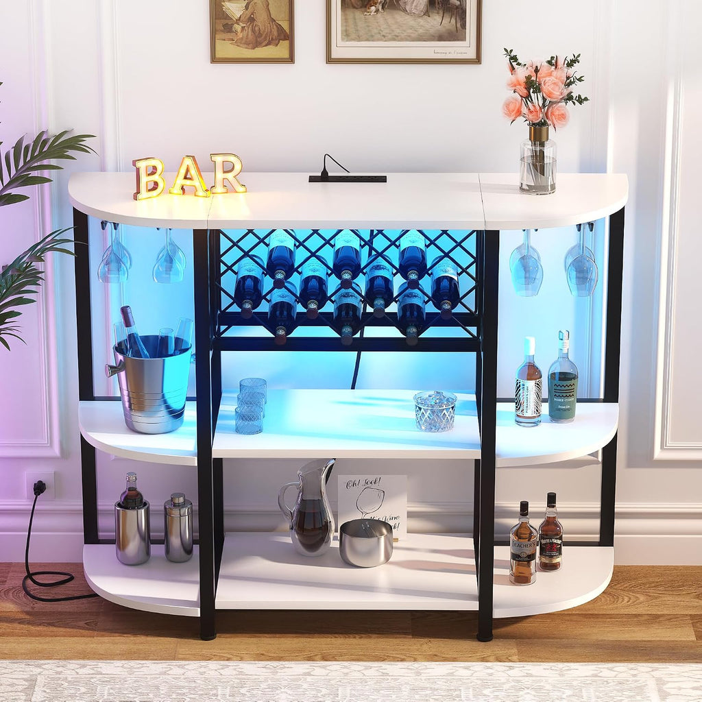 White Bar Cabinet with LED Lights & Power Outlets, 47" Curved Wine Bar Coffee Bar Cabinet with Wine Rack & Glass Holder, Liquor Cabinet Home Bar Unit for Living Room, Small Space