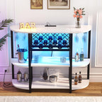White Bar Cabinet with LED Lights & Power Outlets, 47" Curved Wine Bar Coffee Bar Cabinet with Wine Rack & Glass Holder, Liquor Cabinet Home Bar Unit for Living Room, Small Space