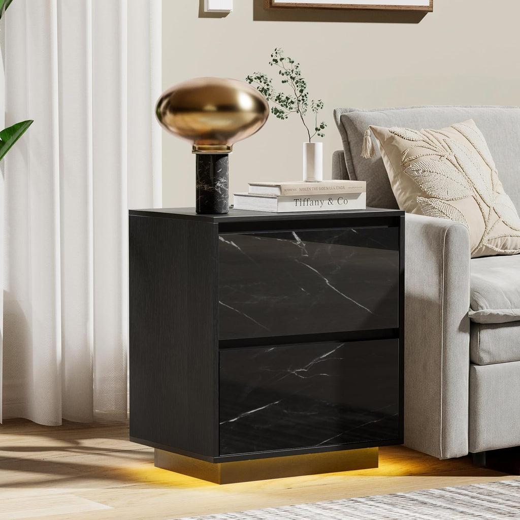 Anbuy LED Nightstand with 2 Drawers & Power Outlets, Nightstand Set of 2 with Lights, Bedside Table Modern End Table with Variable Color Lights for Bedroom, Living Room Black Marble