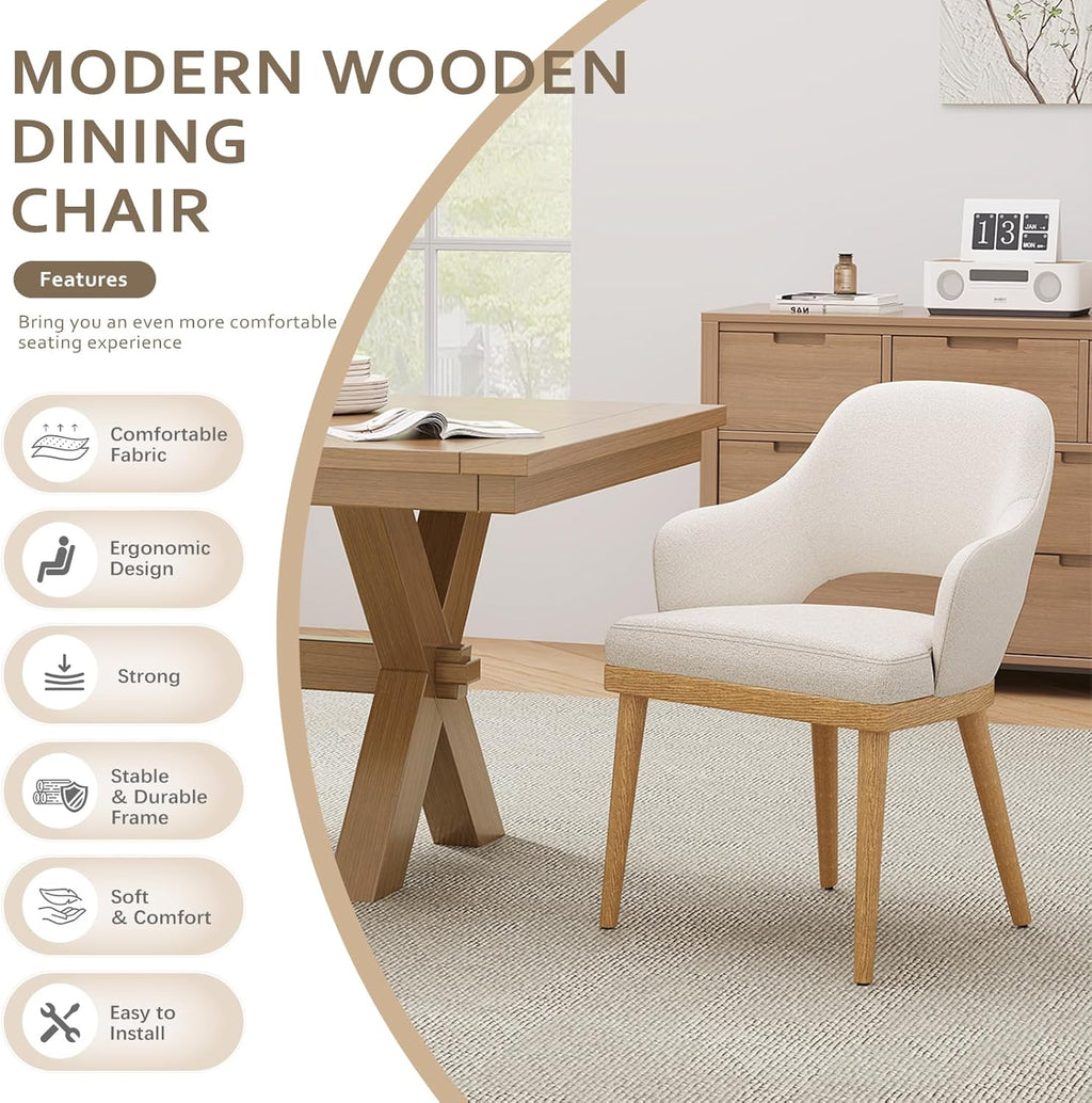 MALOL Wooden Dining Chairs Set of 2, Modern Fabric Upholstered Dining Room Chair, Kitchen Side Chairs, Farmhouse Dinner Chair with Open Back for Kitchen, Beige