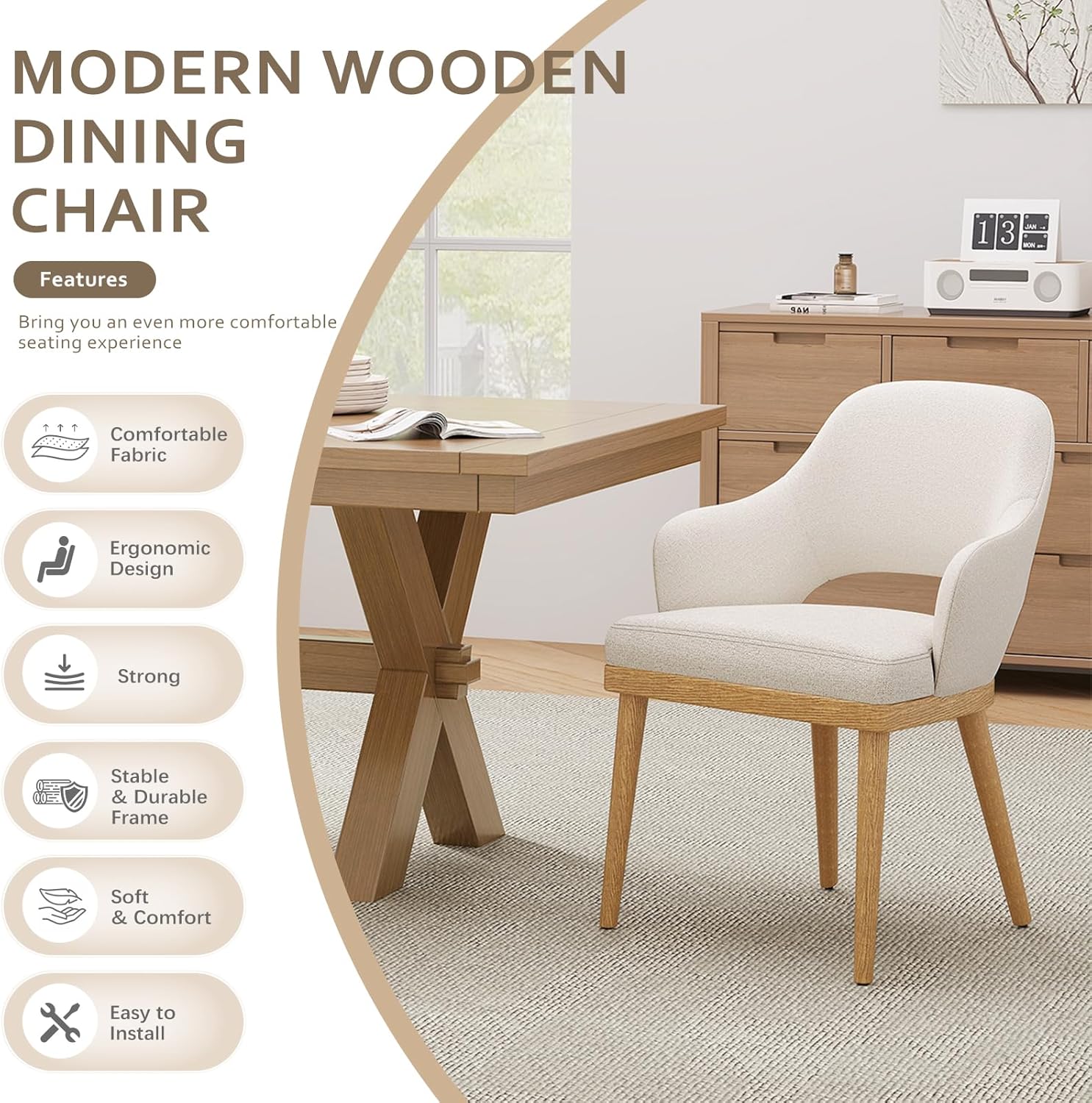 MALOL Wooden Dining Chairs Set of 2, Modern Fabric Upholstered Dining Room Chair, Kitchen Side Chairs, Farmhouse Dinner Chair with Open Back for Kitchen, Beige