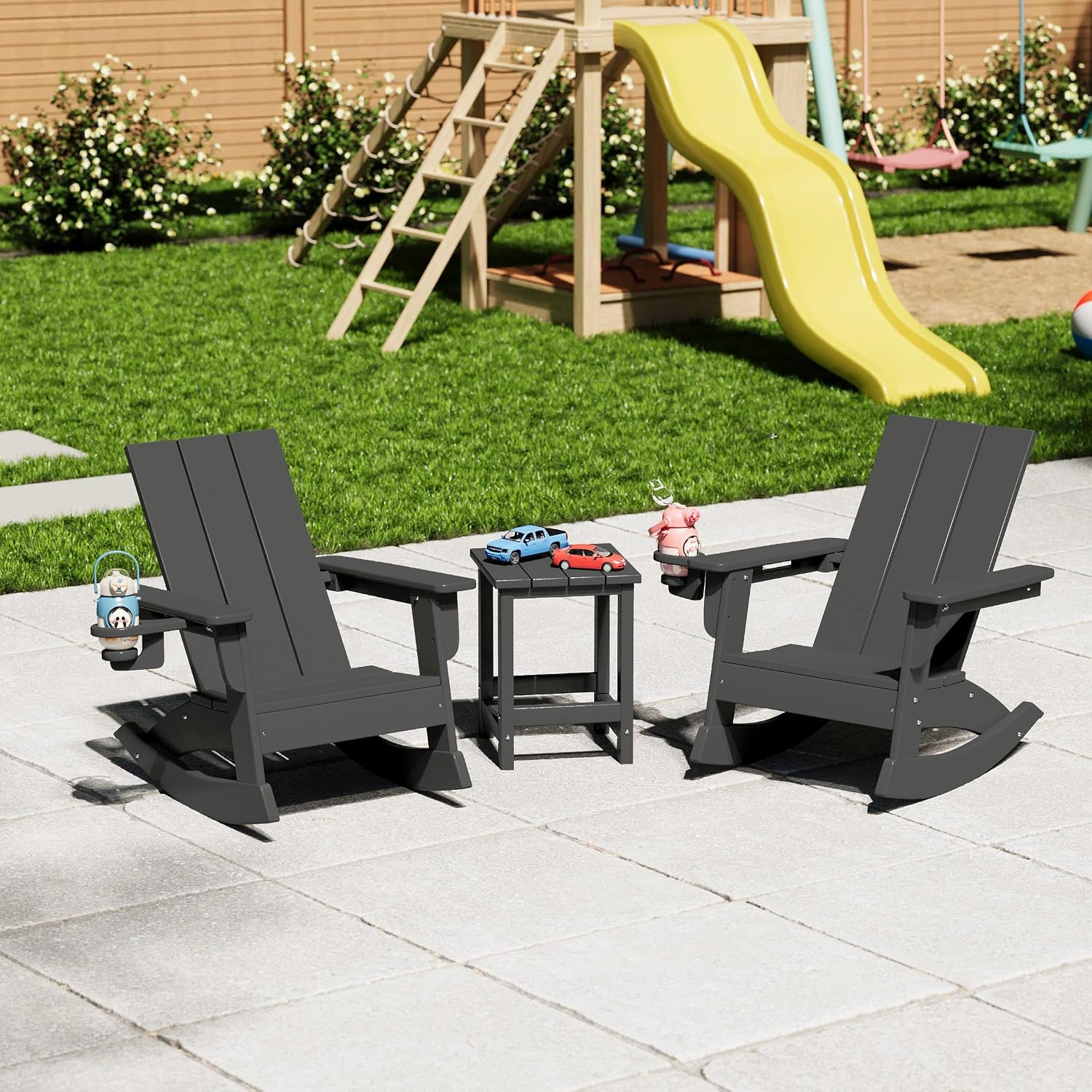 WestinTrends Ashore 3-Piece Kids Modern Rocking Chair with Cup Holder and Square Side Table Set, Gray