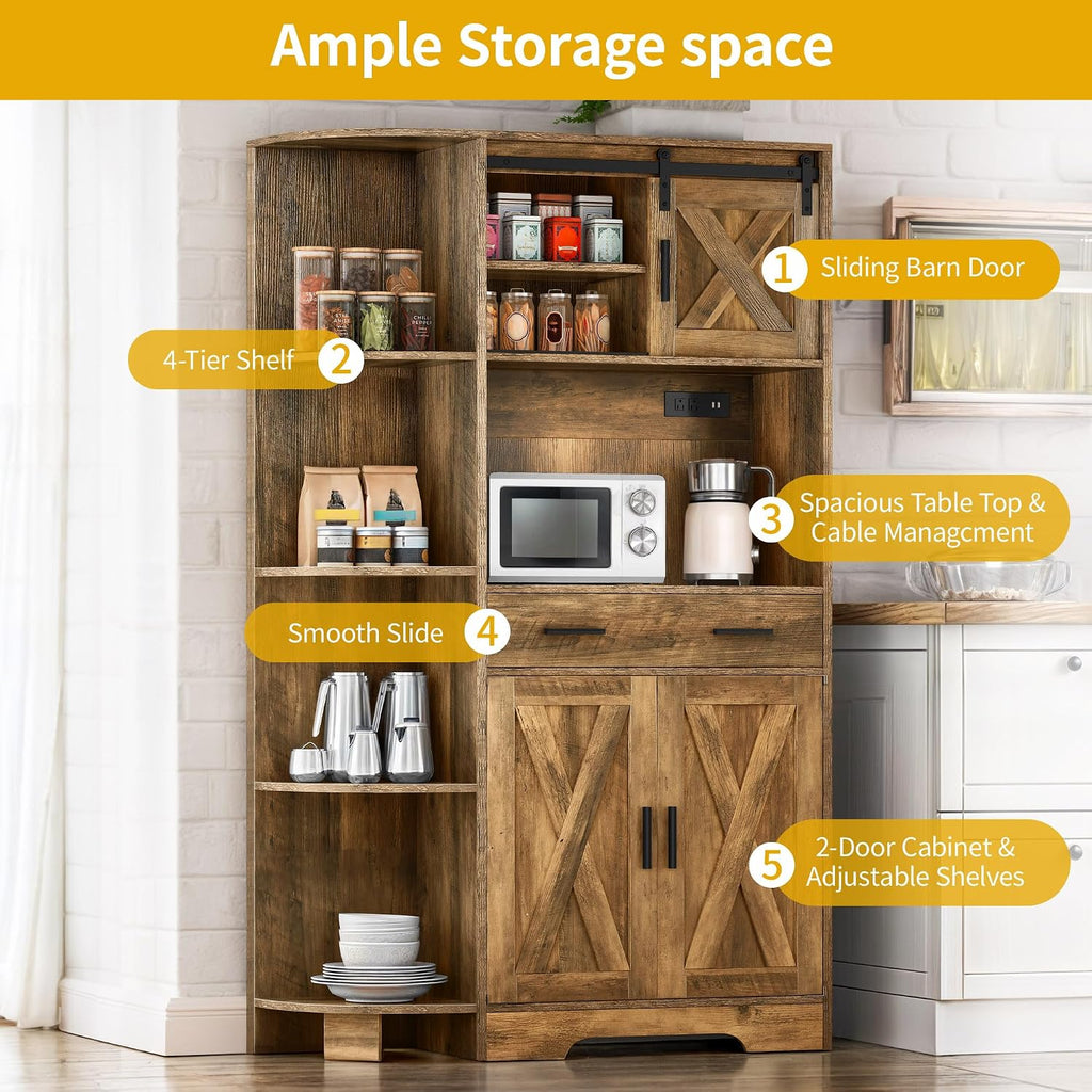 DWVO 67.3" Farmhouse Kitchen Pantry, Storage Cabinet Baker Rack with Power Outlet, Freestanding Hutch with Barn Door & Drawer, Buffet Sideboard with Microwave Stand for Dining Room, Rustic Brown