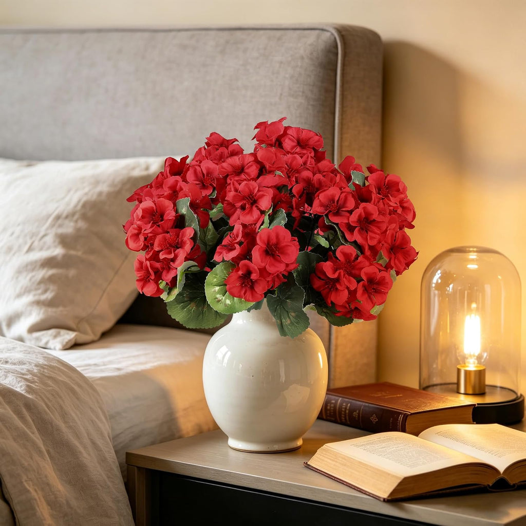 Artificial Flowers for Outdoors, 6 Bundles Realistic Faux Silk Red Geraniums Flowers UV Resistant No Fade Fake Plants for Outside Planter Christmas Front Porch Garden Patio Balcony Yard Decor