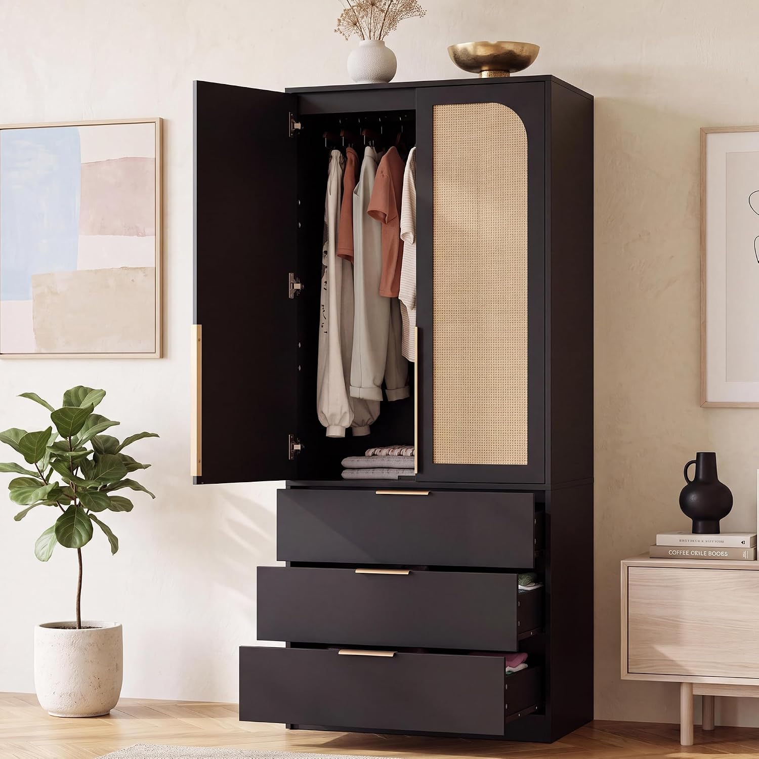 Garvee 70" Wardrobe Armoire Wooden Closet with 2 Doors and 3 Drawers, Black