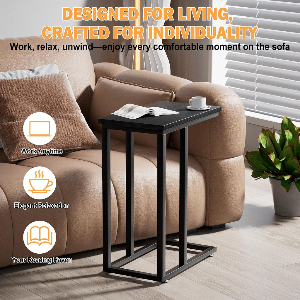 VECELO Universal C-Shaped Side Table, Multi-Functional Snack & TV Tray for Living Room, Bedroom, Black (2 Set)