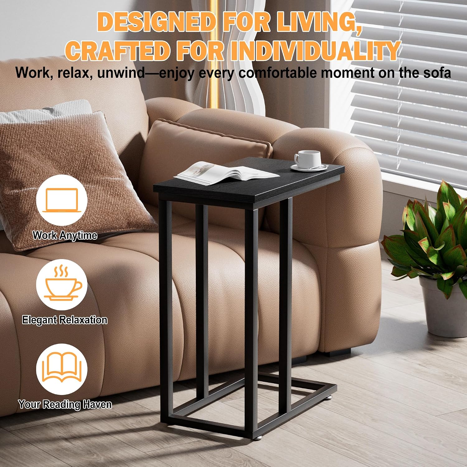 VECELO Universal C-Shaped Side Table, Multi-Functional Snack & TV Tray for Living Room, Bedroom, Black (2 Set)