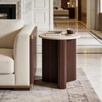Merax Modern Round Side Table with Faux Marble Top & Brown Ribbed Base - Compact Round Coffee Table with Wooden Fluted Legs - 17.8" Accent End Table for Living Room & Bedroom, Brown