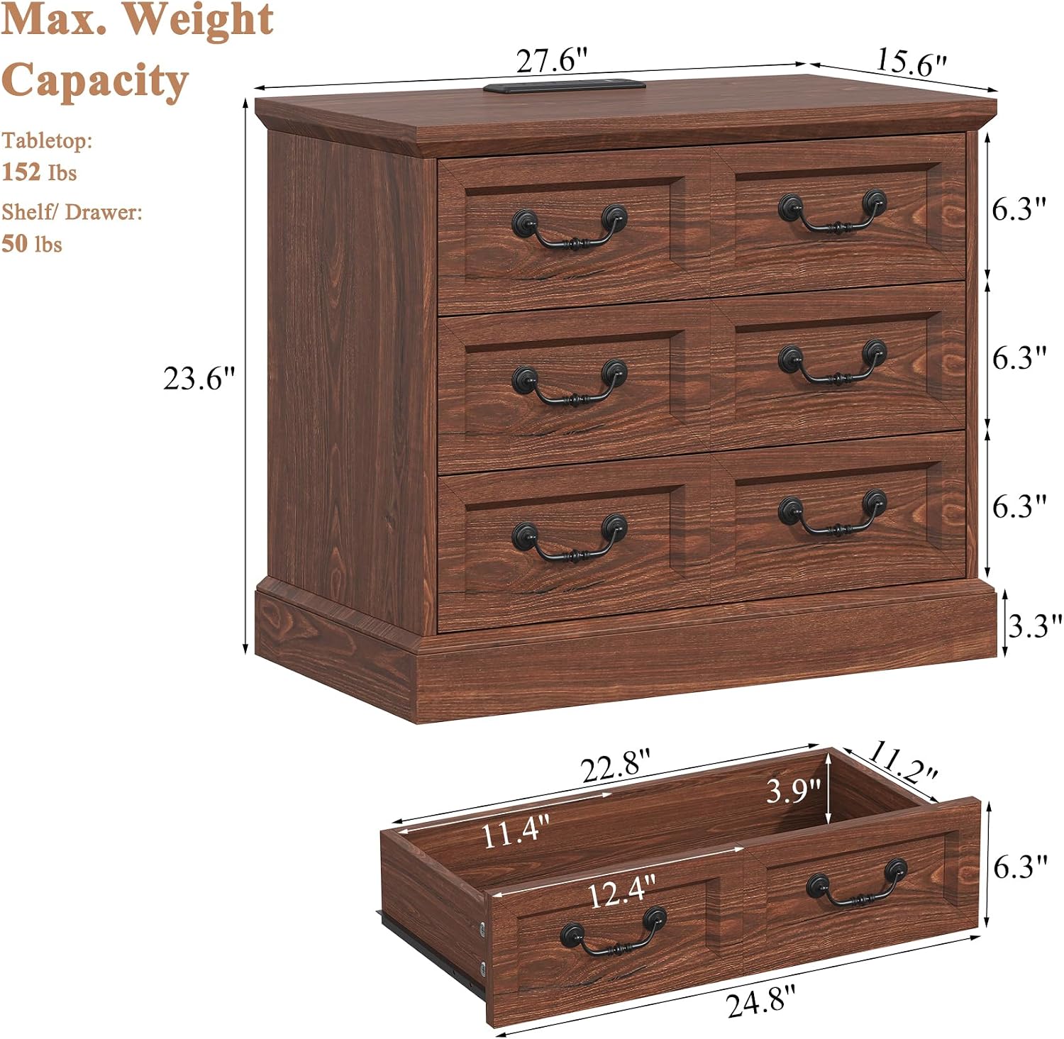 VVFLU 27.6" Wide Farmhouse Nightstand with Charging Station, 3 Drawer Nightstands Set of 2, Larger Side Table End Table, Modern Night Stand for Bedroom, Living Room, Cherry Nightstand