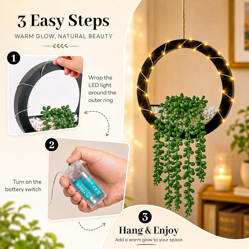 Der Rose 2 Pack Lighted Hanging Plants, Artificial String of Pearls Succulents with Warm LED Lights, Aesthetic Fake Plants for Black Bathroom Bedroom Living Room Wall Decor, Party & Gift for Women