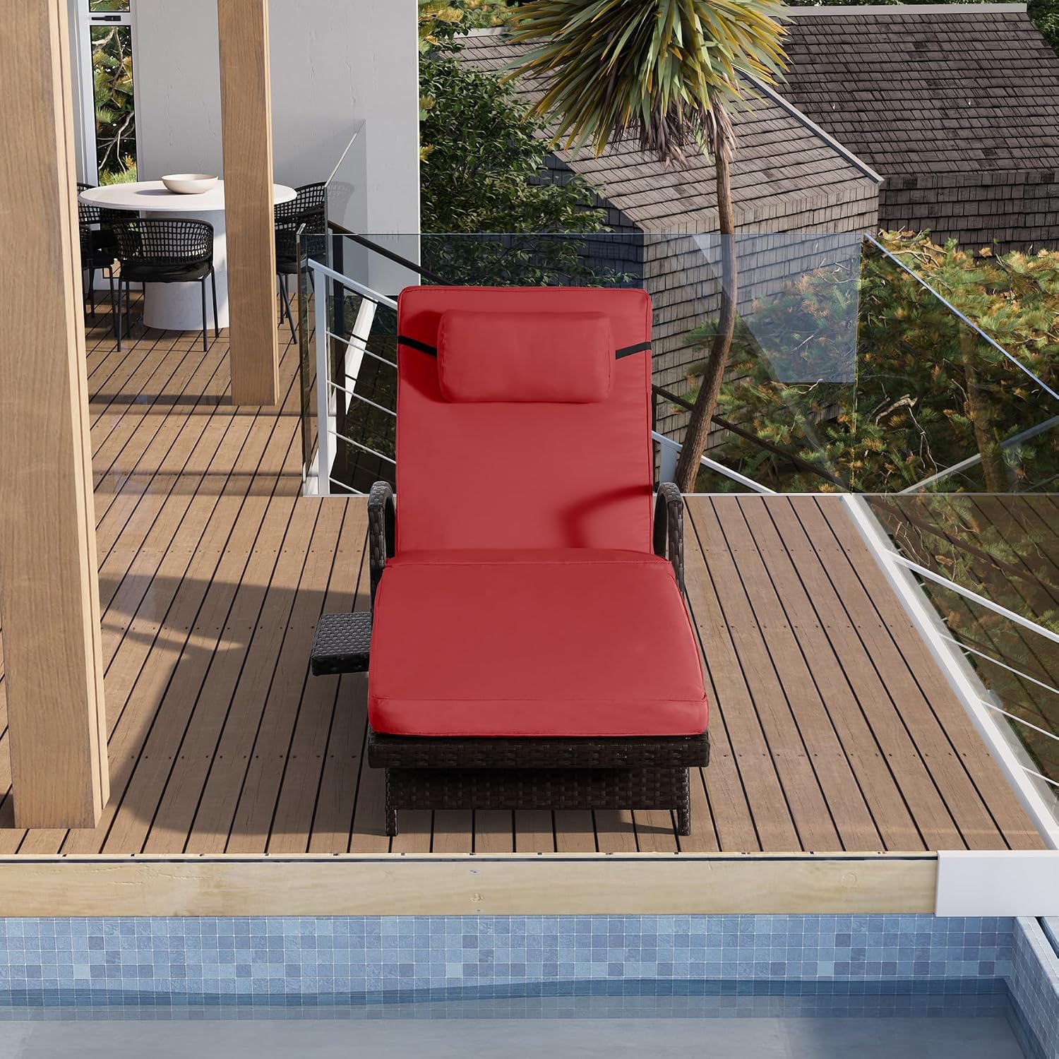 Outdoor Patio Chaise Chair Wicker Lounge Chairs for Outside Pool Chaise Lounge Set of 2 PE Rattan Recliners with Side Shelf & 6-Position Adjustable for Deck Yard Beach Poolside, Red