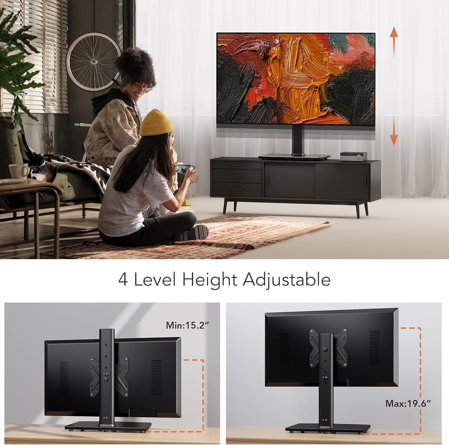 Universal Swivel TV/Table Top TV Stand for 19 to 43 inch TVs with 90 Degree Swivel, 4 Level Height Adjustable, Heavy Duty Tempered Glass Base, Holds up to 99LBS HT02B-001