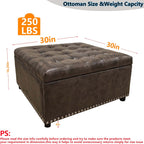 Brown PU Leather Large Square Storage Ottoman with Nailhead Trim for Living Room,30" Vintage Faux Leather Upholstered Ottoman Coffee Table,Tufted Ottomans with Storage and Seating