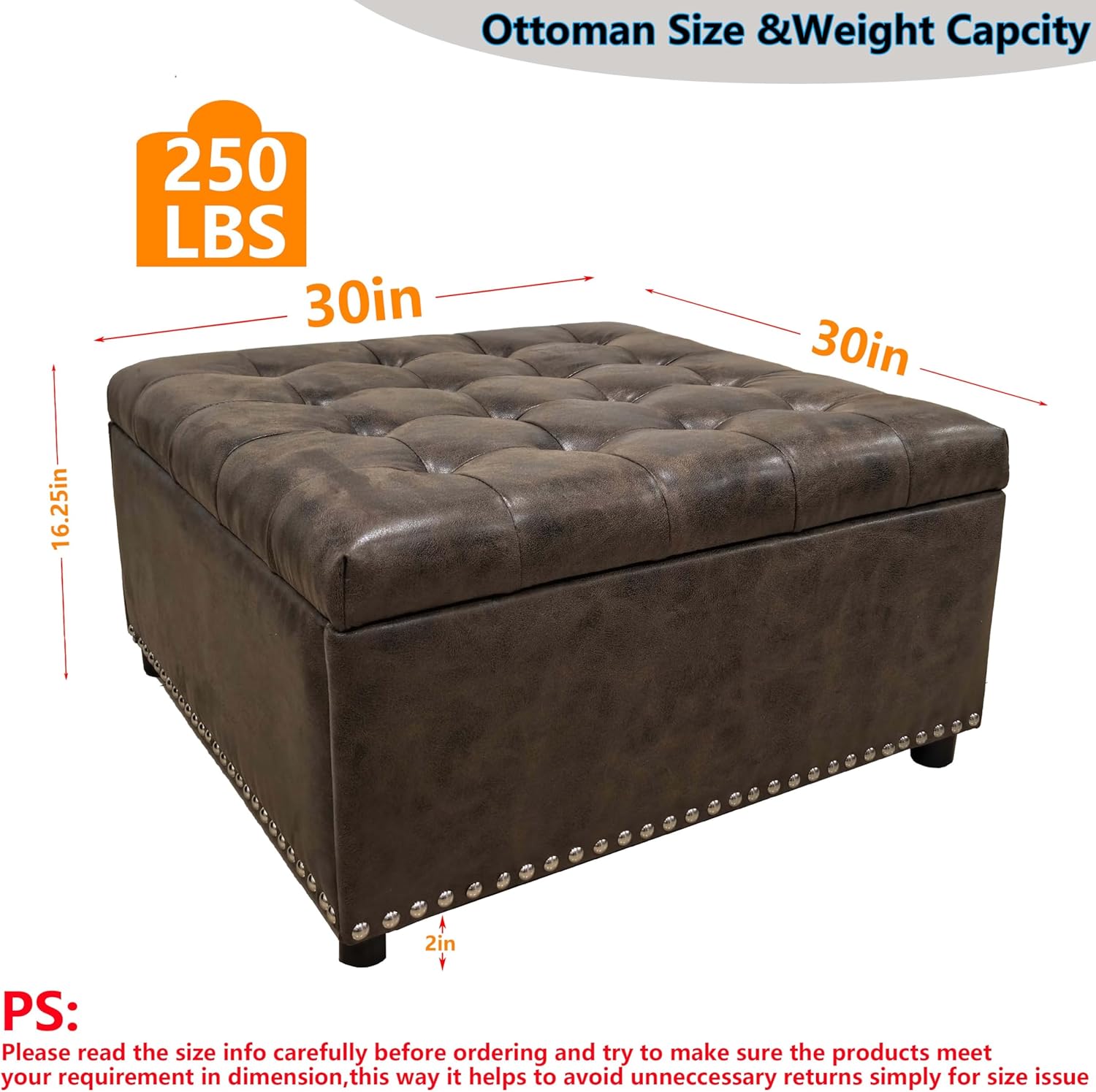 Brown PU Leather Large Square Storage Ottoman with Nailhead Trim for Living Room,30" Vintage Faux Leather Upholstered Ottoman Coffee Table,Tufted Ottomans with Storage and Seating