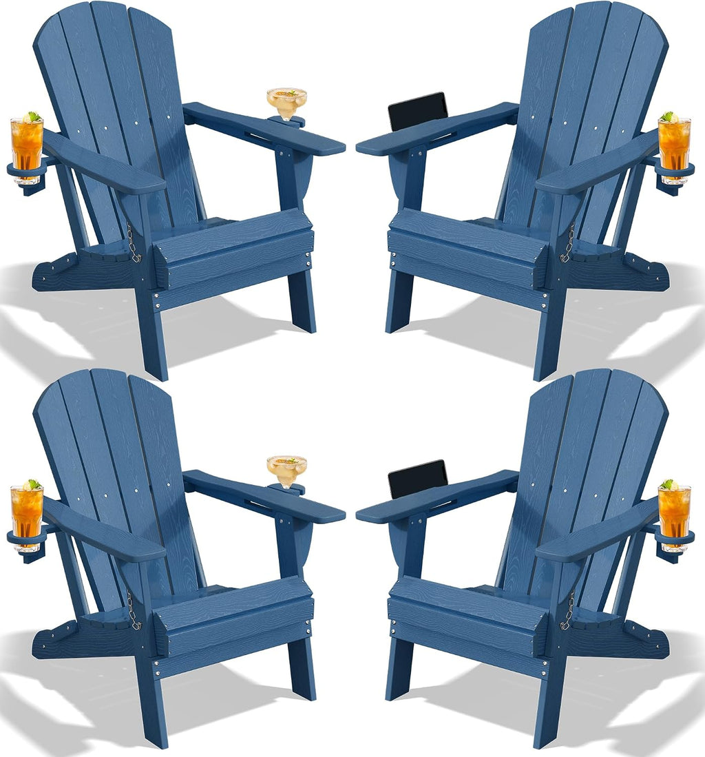 PLUUV Folding Adirondack Chair Set of 4, Easy Storage Space Saving, 380 LBS Capacity Weather Resistant HDPE with Two-Cup Holder for Outdoor Patio Fire Pit Gathering, Navy