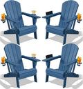 PLUUV Folding Adirondack Chair Set of 4, Easy Storage Space Saving, 380 LBS Capacity Weather Resistant HDPE with Two-Cup Holder for Outdoor Patio Fire Pit Gathering, Navy