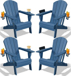 PLUUV Folding Adirondack Chair Set of 4, Easy Storage Space Saving, 380 LBS Capacity Weather Resistant HDPE with Two-Cup Holder for Outdoor Patio Fire Pit Gathering, Navy