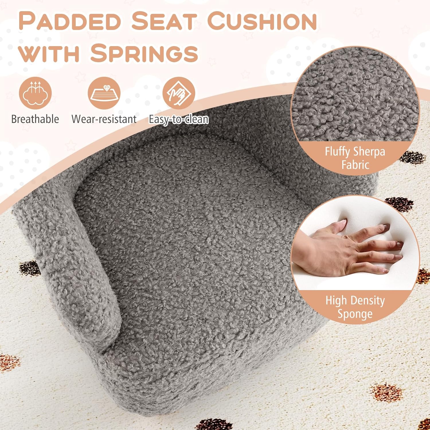 KOTEK Comfy Toddler Chair, Sherpa Kids Armchair with Rubber Wood Legs, Children Reading Chair for Boys & Girls, Upholstered Kids Sofa for Playroom Bedroom Nursery (Grey)
