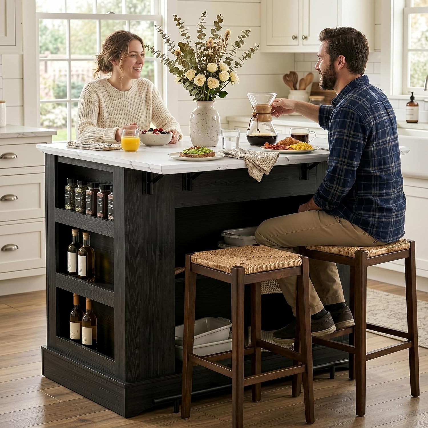 40“ L Black Kitchen Island with A 14.5” W Folding Faux Marble Tabletop, Wooden Kitchen Island with Power Outlet, Storage Cabinet & Drawer and Open Adjustable Shelving