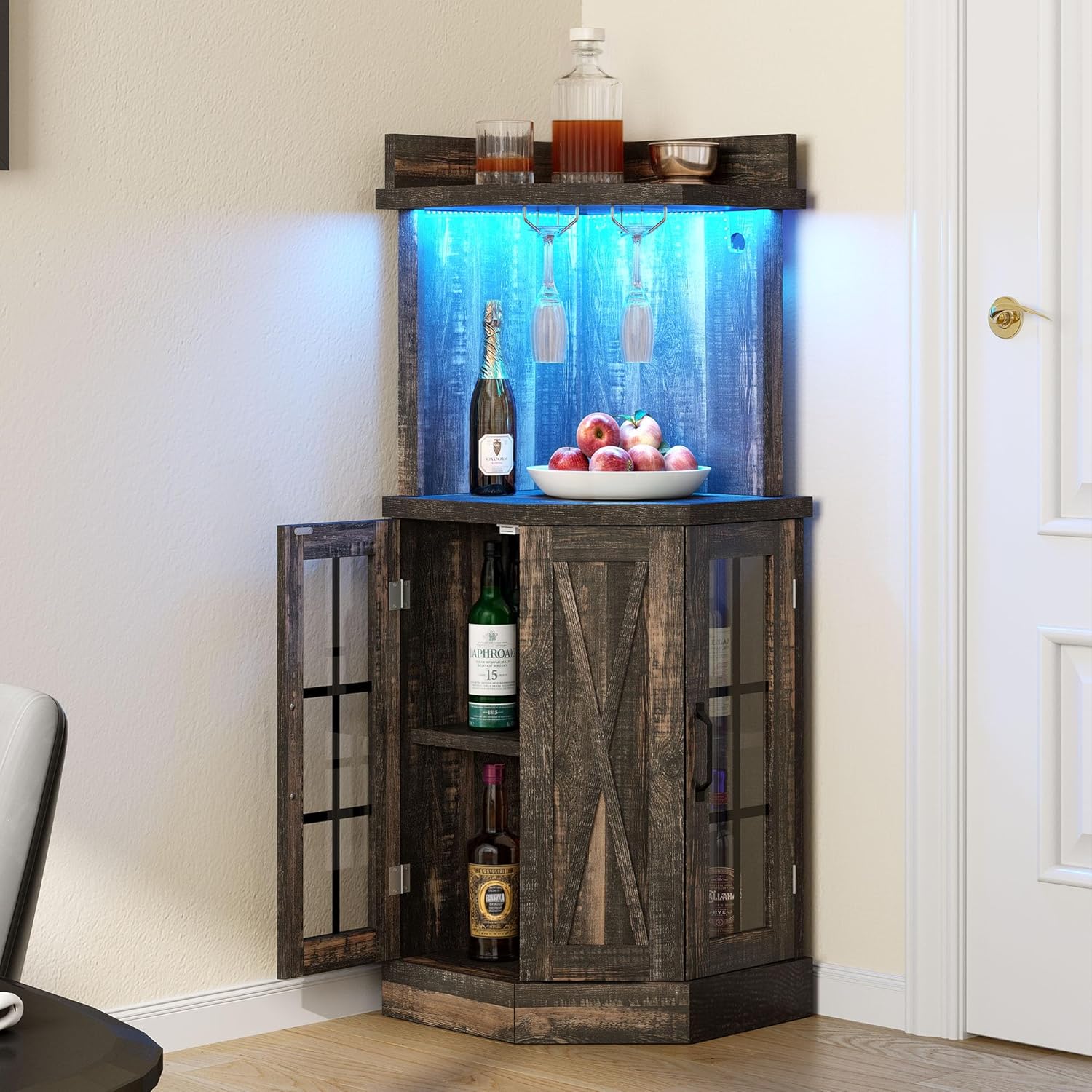 DWVO 53" Corner Bar Cabinet, Farmhouse Wine Cabinet with Glass Holder & LED Lights, 4-Tiers Liquor Bar with Glass Door & Shelves for Home Kitchen, Living Dining Room, Dark Rustic Oak