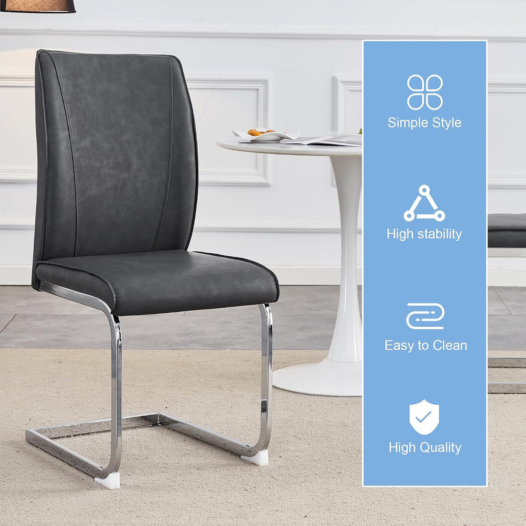 Modern Dining Chairs Set of 4, Faux Leather High Back Side Chairs Stylish Armless Chair with C-Shaped Tube Chrome Metal Legs for Dining Room Kitchen Office (Grey02-Silver Leg, Set of 4)