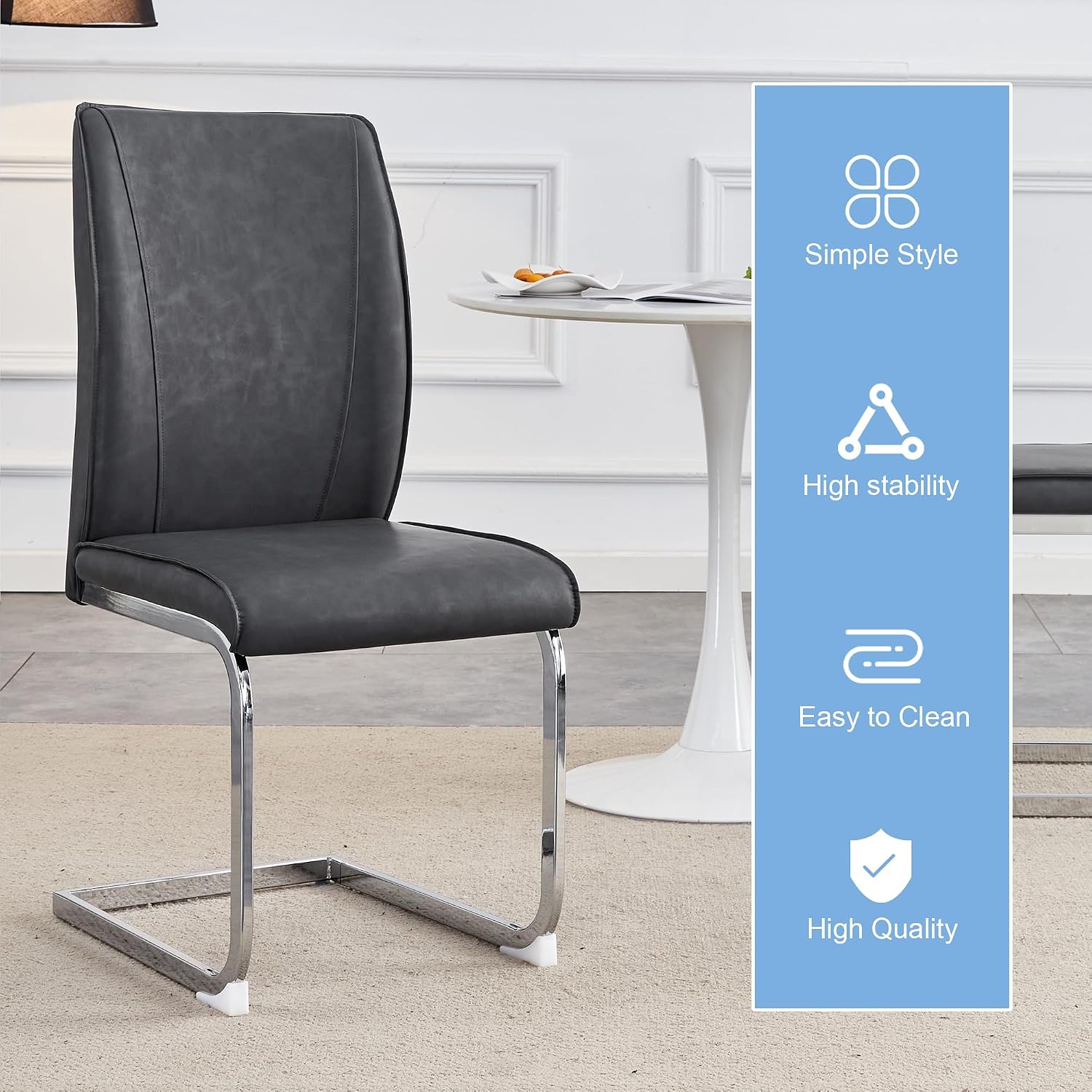 Modern Dining Chairs Set of 4, Faux Leather High Back Side Chairs Stylish Armless Chair with C-Shaped Tube Chrome Metal Legs for Dining Room Kitchen Office (Grey02-Silver Leg, Set of 4)