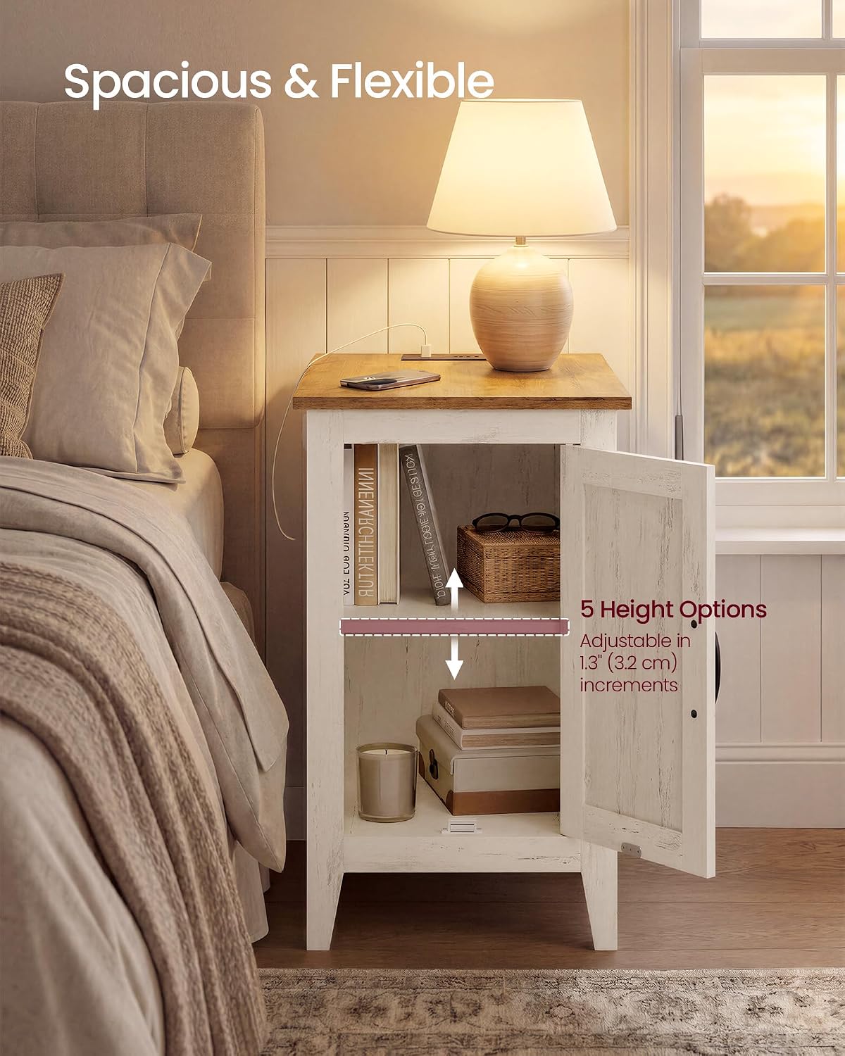 VASAGLE LIRY Collection - End Table with Charging Station, Side Table with Storage Cabinet, Night Stand for Living Room, Bedroom, Home Office, Rustic White and Honey Brown ULET131W101S