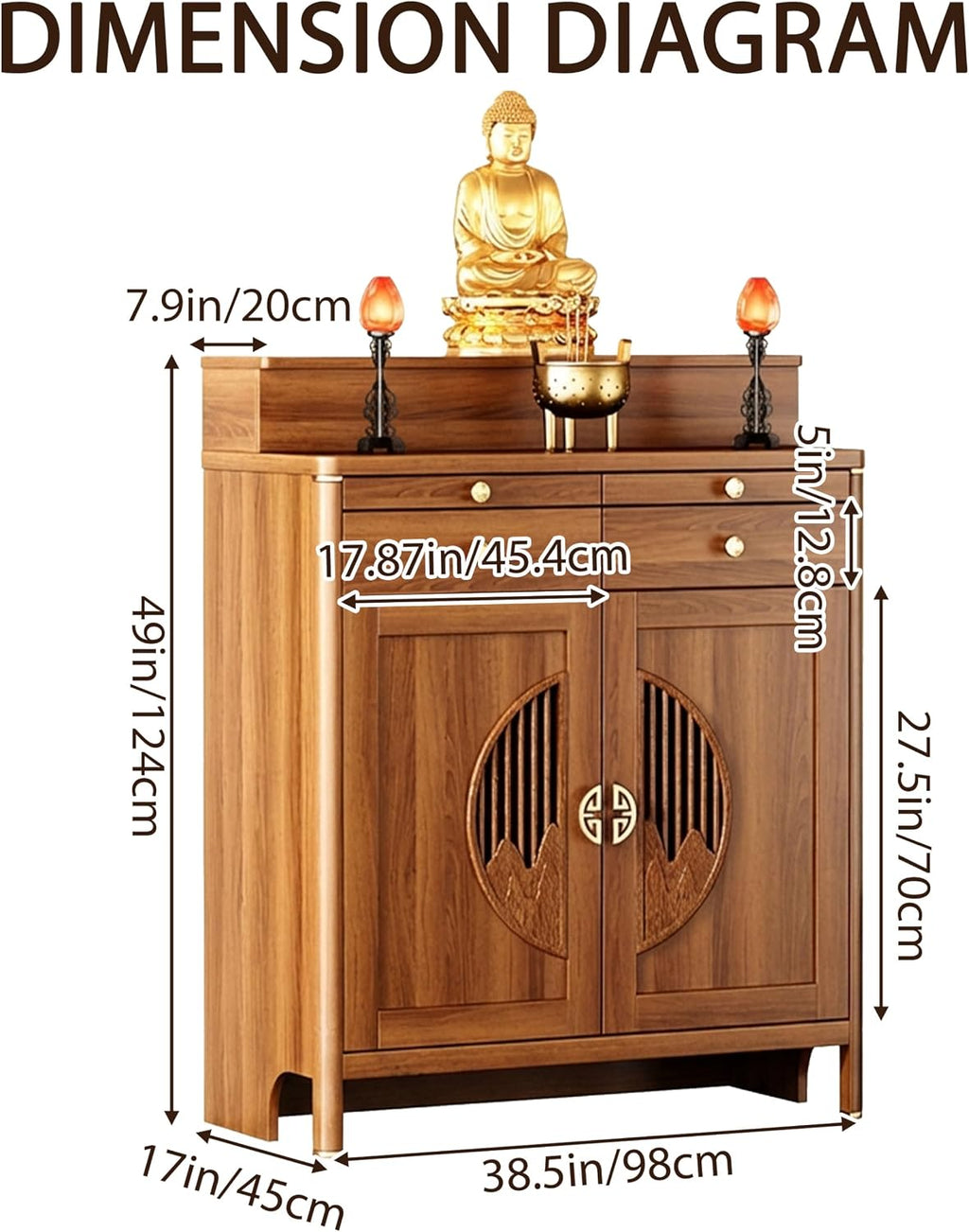 Buddhist Altar De Muertos De Madera Shrine, Solid Wood Frame Buddhist Altar Cabinet with Storage and Drawer, Chinese Buddha Niche Shrine Tables for Home, Office (39" L X 18" W X 49" H, Wood)