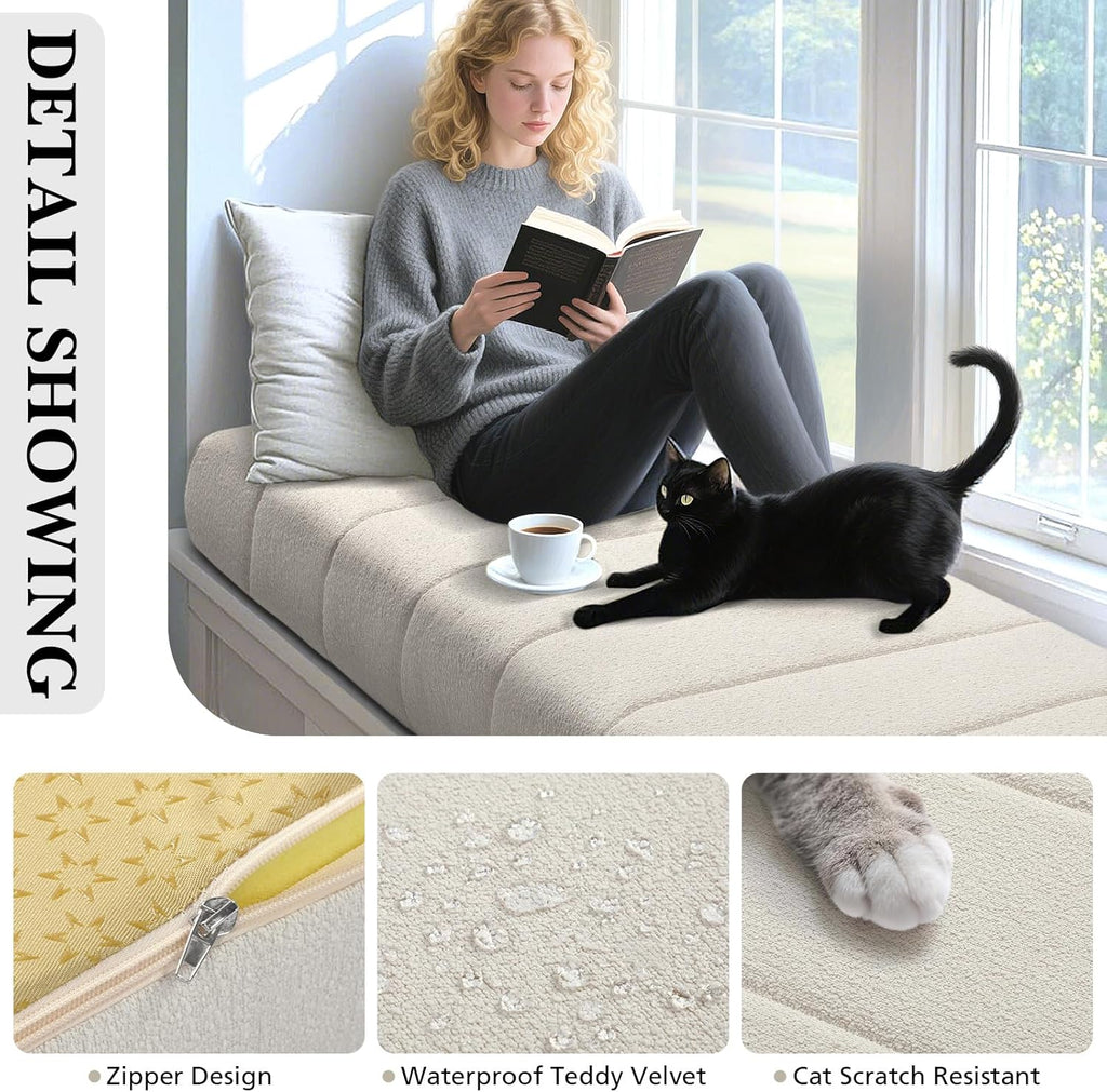 Wenqik Bench Cushion 40x20x4 Inch for Indoor Outdoor Furniture Tufted Thicken Bay Window Seat Cushion Non Slip Waterproof Dining Piano Bench Pad Pillow Anti Cat Scratch for Patio Porch Swing, Beige