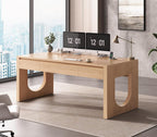 SEDETA Modern Office Desk with 3 Drawers, 55" Executive Desk with U-Shaped Legs, Wood Computer Desk with Power Outlet, Home Office Desks with Relief Texture, Natrual