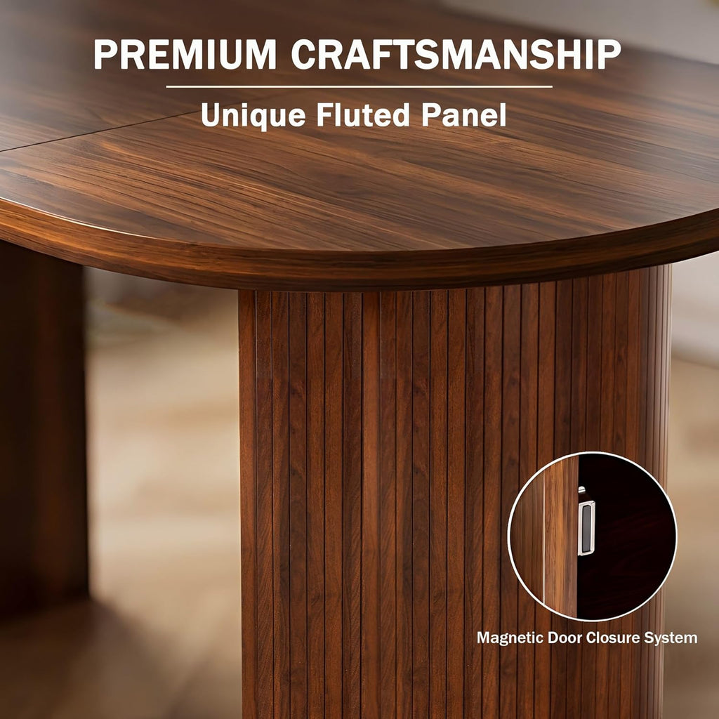 70.8" Oval Dining Table for 4-6 People, Mid-Century Modern Kitchen Table with Hidden Storage, Oval Dining Table with Fluted Tambour Doors for Dining Room, Living Room, Home Office, Walnut