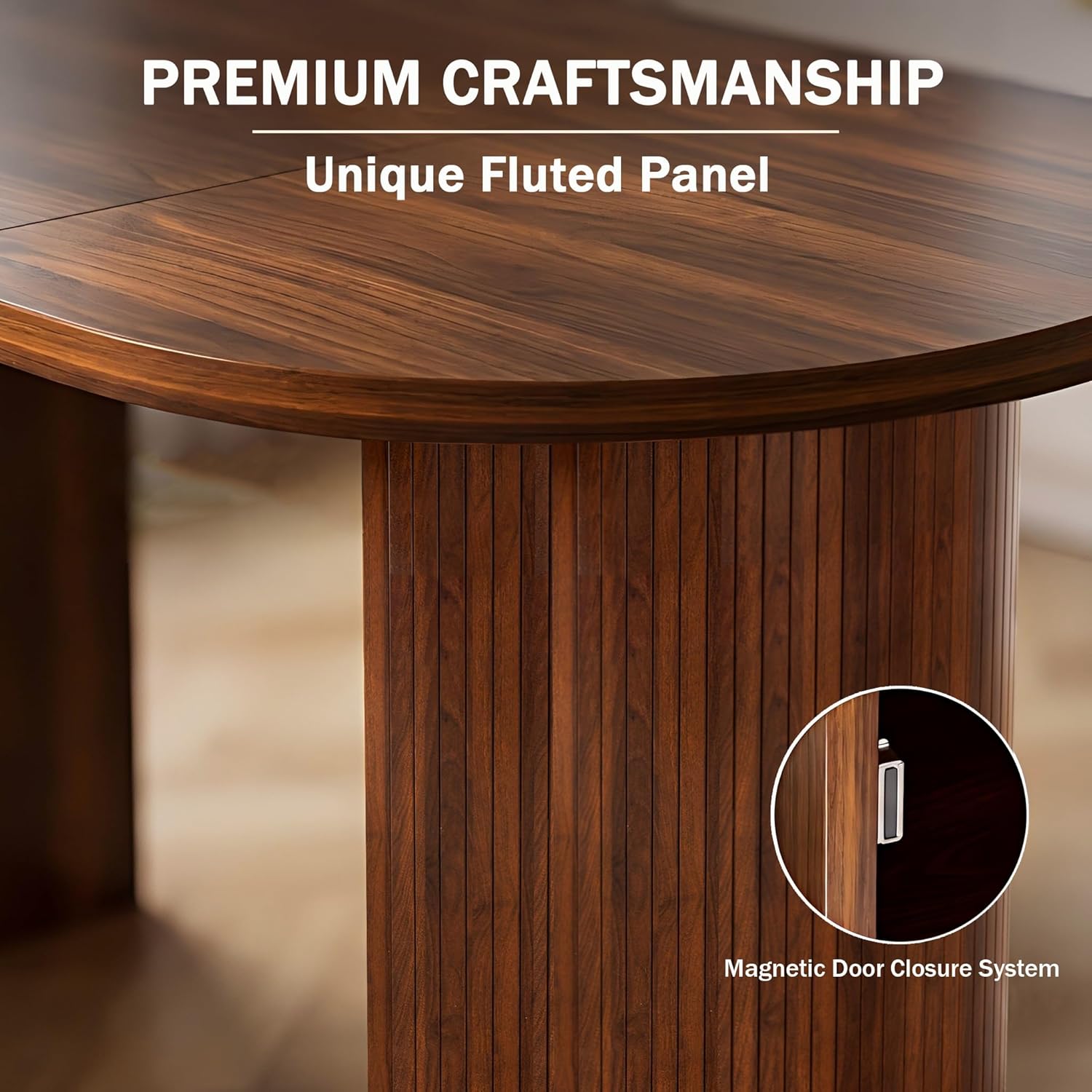 70.8" Oval Dining Table for 4-6 People, Mid-Century Modern Kitchen Table with Hidden Storage, Oval Dining Table with Fluted Tambour Doors for Dining Room, Living Room, Home Office, Walnut