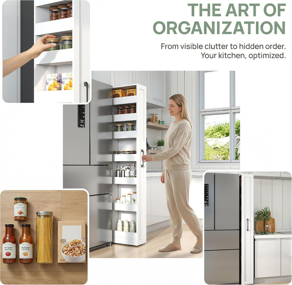 7 Tier Multi-Functional Pull-Out Storage Cart, Single-Sided Open Shelf, Slim Kitchen & Living Room Organizer, Narrow Space Storage with Handle & Wheels, Pantry Shelf for Small Spaces, White
