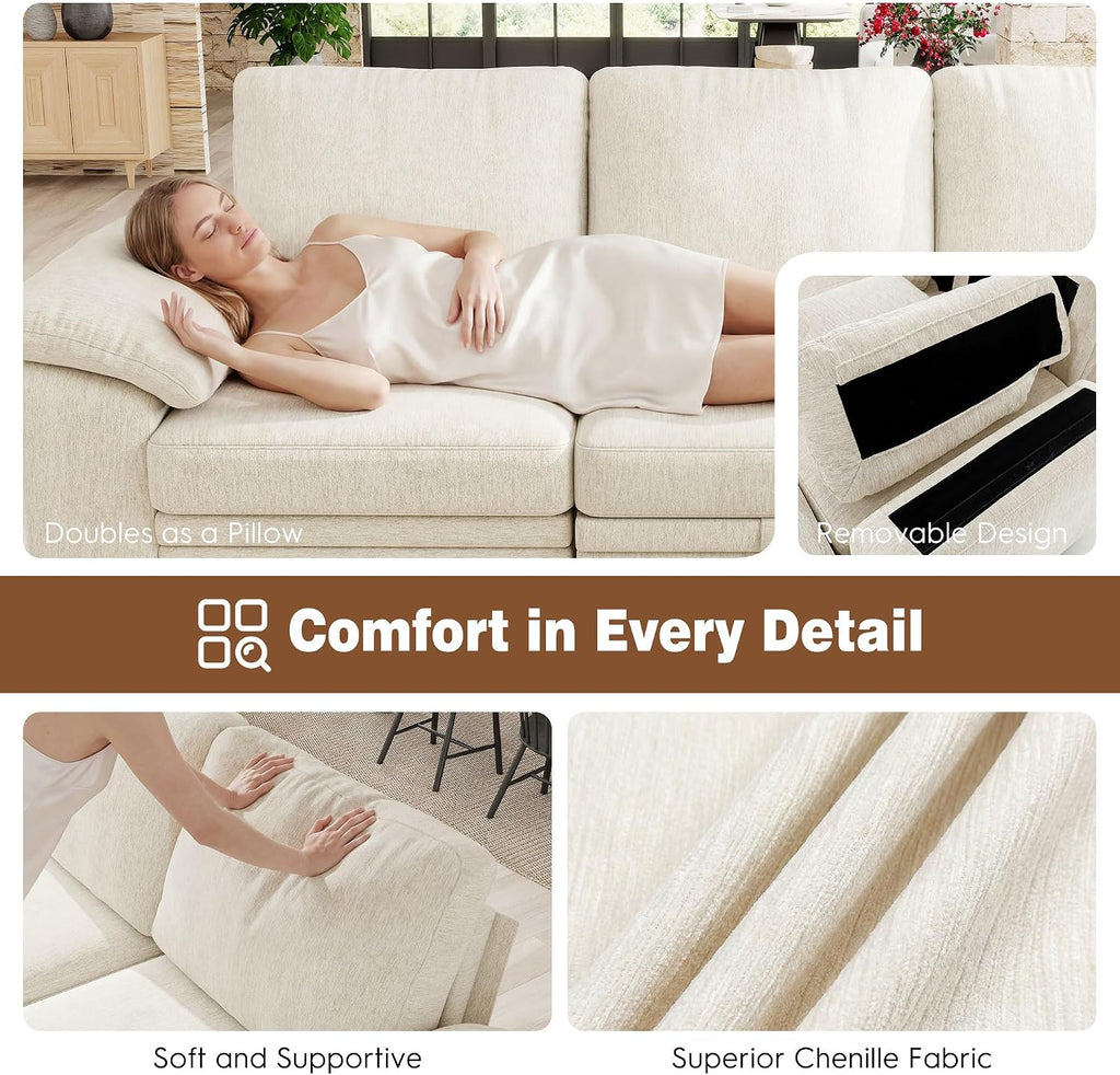 Ihanherry 86" Modular Sectional Sofa with Pull Out Bed, 4-Seater L Shaped Sectional Sleeper Couch with Storage Ottoman, Chenille Convertible Couches for Living Room, Apartment (Beige)