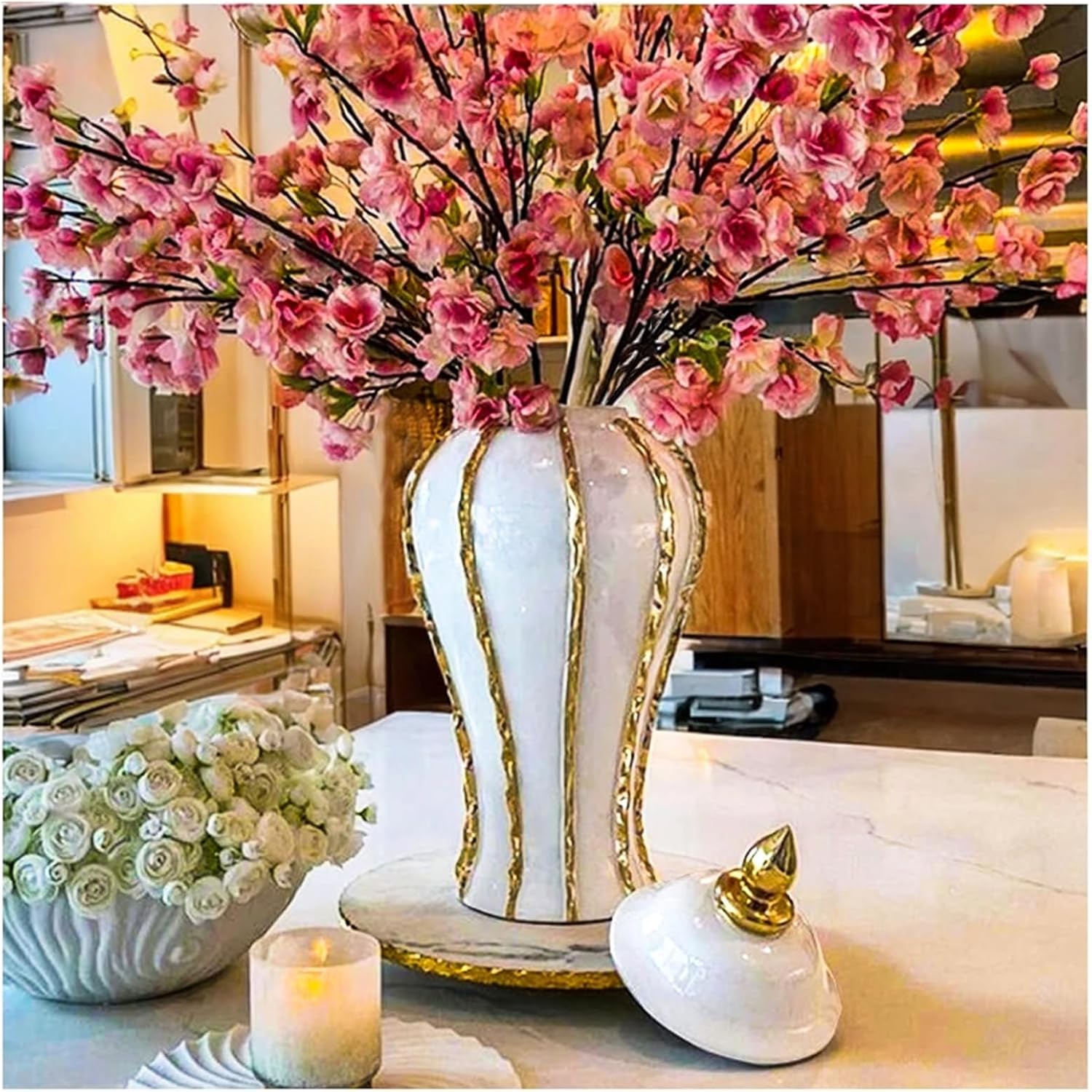 Ginger Jar, White Gold Ceramic Vase Large Handmade Porcelain Vases with Lid, White Gold Decorative Flower Vase for Home, Living Room, Weddings, Centerpieces (18in with Lid)