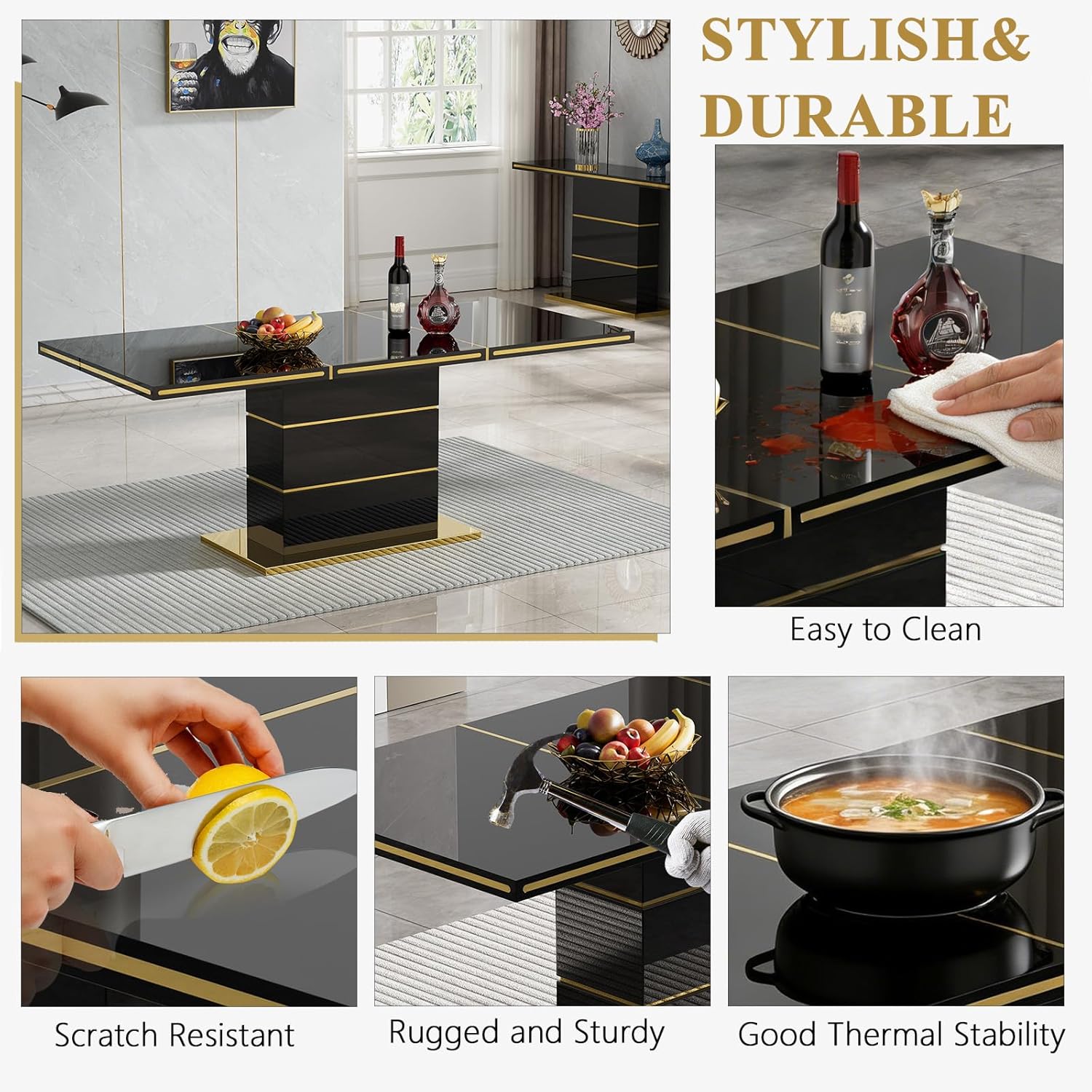 Luxury 70" Black High Gloss Rectangular Dining Table with 1.5" Thick Tabletop, Gold Accent Trims & Sturdy Pedestal Base, Elegant Modern Dining Table for 4-6 People, Kitchen & Dining Room Furniture